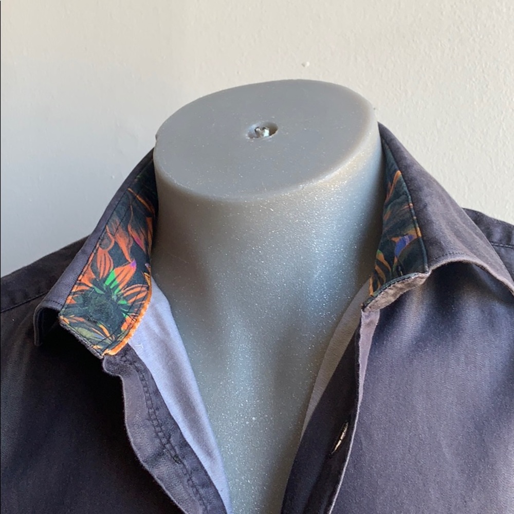 Grey Dress Shirt with Floral Interior Collar .